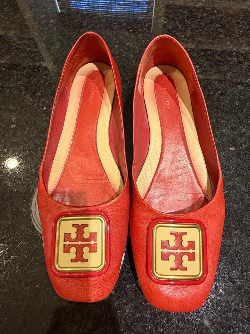 Tory Burch Red Leather Logo Square-Toe Flats with Gold Emblem